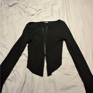 Black Ribbed Long Sleeve Zip-Up Top